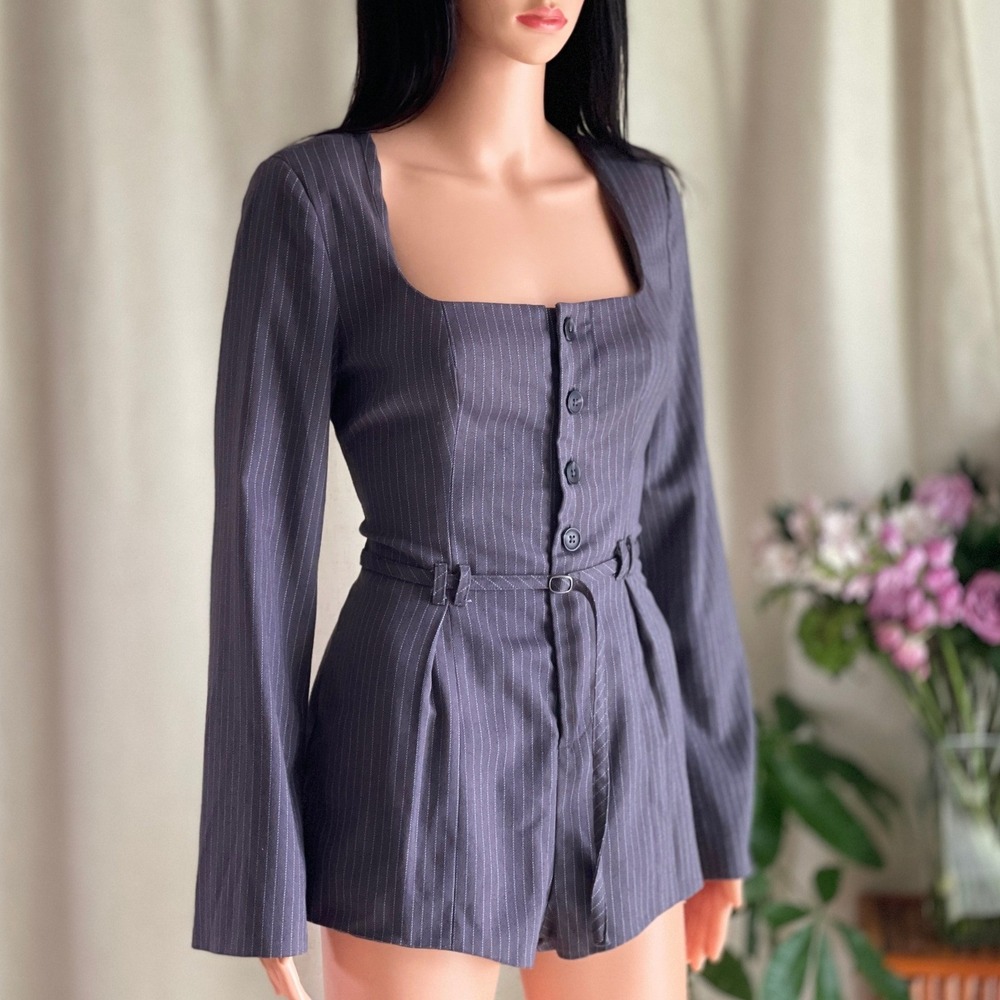 NWOT Free People x Revolve Paloma Romper Charcoal Pinstripe Long Sleeve XS‎